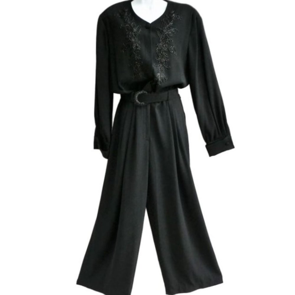 Liz Claiborne Vintage Beaded Black Jumpsuit Elegant Bead Belt Wide Leg Zip XL - Picture 7 of 10